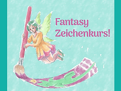 Auf dem Bild ist eine fliegende Figur mit Flügeln, die einen großen Pinsel hält und damit eine bunte Linie mal. Hintergrund grün.
