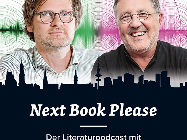 Podcast-Cover „Next Book Please“ mit zwei Hosts, präsentiert vom Literaturhaus Hamburg