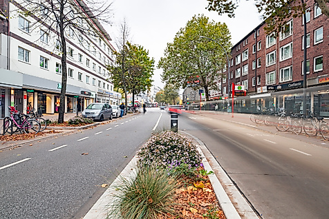 Osterstraße in Hamburg-Eimsbüttel mit Radweg, Herbstbäumen und Geschäften auf beiden Seiten