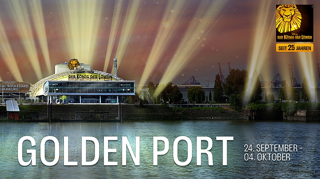 Musical Boulevard mit goldenen Scheinwerfern beleuchtet