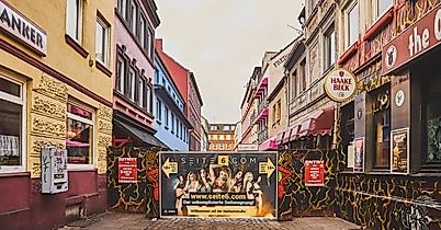 Blick in die Herbertstraße mit Sichtschutzwand, flankiert von bunt beleuchteten Fassaden und Schildern auf der Reeperbahn