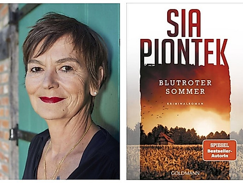Bild der Autorin Sia Piontek und Titelbild des Romans "Blutroter Sommer" mit dem Bild eines Sonnenuntergangs auf dem Cover.
