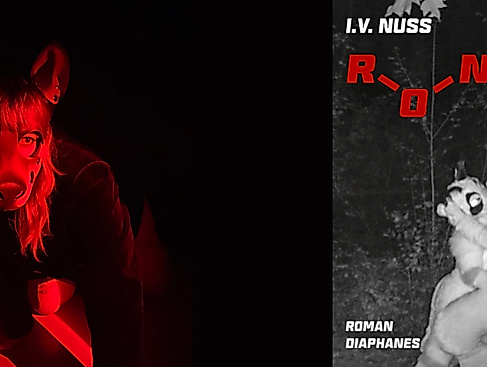 Eine Person in einem Fursuit wird in rotem Licht angeleuchtet. Nebendran ist das Buchcover von »R-O-N=O«.