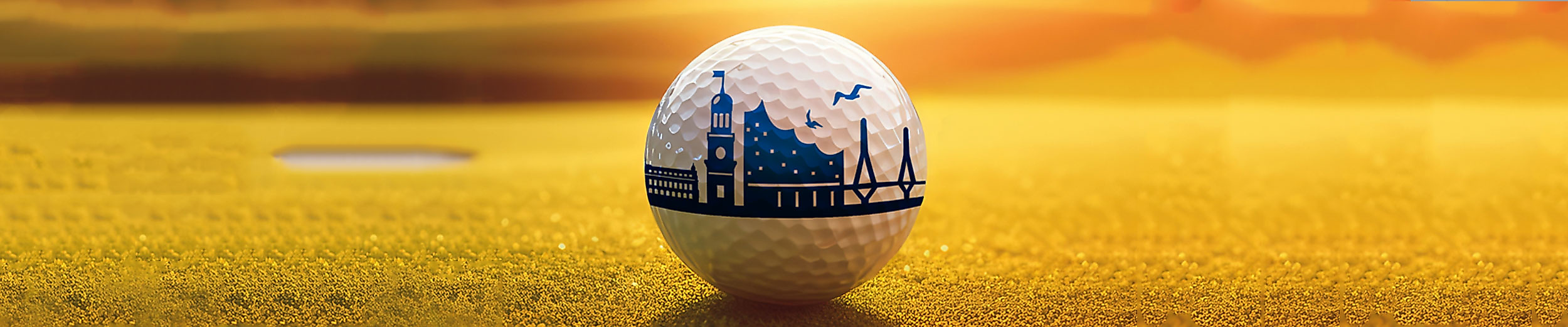 Golfball mit Hamburger Skyline auf Fairway bei Sonnenuntergang – Headerbild zum Golf-City-Paket Hamburg