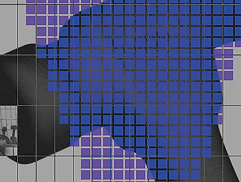 Key Visuel der Ausstellung Hammerschlag von Simon Schultz. Die Grafik zeigt einen Hammer, der von blauen Farbflächen überdeckt ist.