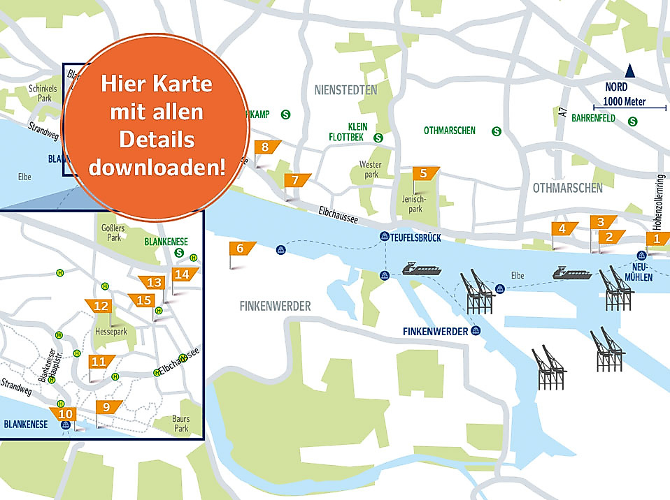Karte der Elbvillen-Route von Övelgönne bis ins Treppenviertel Blankenese mit Aussichtspunkten und Sehenswürdigkeiten