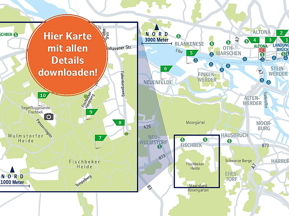 Karte der Heide-Route von Hamburg durch den Hafen bis zur Fischbeker Heide mit Natur-, Kultur- und Raststationen
