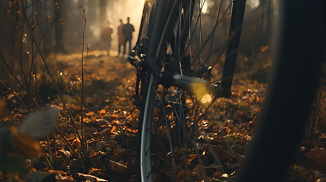 Vordergrund_ angeschnittene Seitenansicht des vorderen Fahrradteils, scharf fokussiert — hauptsächlich Reifen und Felge, sichtbare Speichen, Reifenprofil und Teil der Vordergabel, in der Bildmitte. Blick durch die Speich