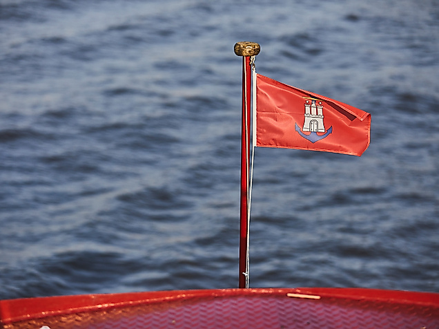 Rote Flagge mit Hamburger Wappen weht im Wind vor blauem Wasserhintergrund