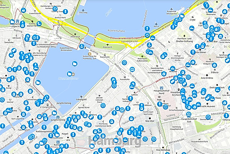 Interaktive Hamburg-Karte mit Icons zu Sehenswürdigkeiten, Gastronomie und öffentlichem Nahverkehr rund um Binnen- und Außenalster.