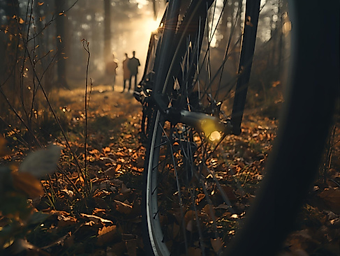 Vordergrund_ angeschnittene Seitenansicht des vorderen Fahrradteils, scharf fokussiert — hauptsächlich Reifen und Felge, sichtbare Speichen, Reifenprofil und Teil der Vordergabel, in der Bildmitte. Blick durch die Speich