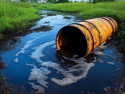 An old orange barrel lays in polluted water with green grass