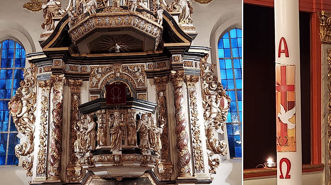 Altar der Schloßkirche und Taufkerze