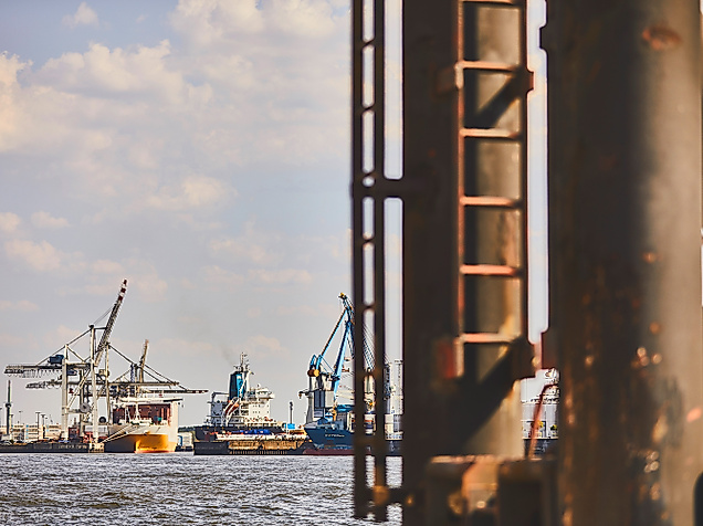 Industrielle Hafenansicht in Hamburg mit rostiger Leiter im Vordergrund und Kränen im Hintergrund