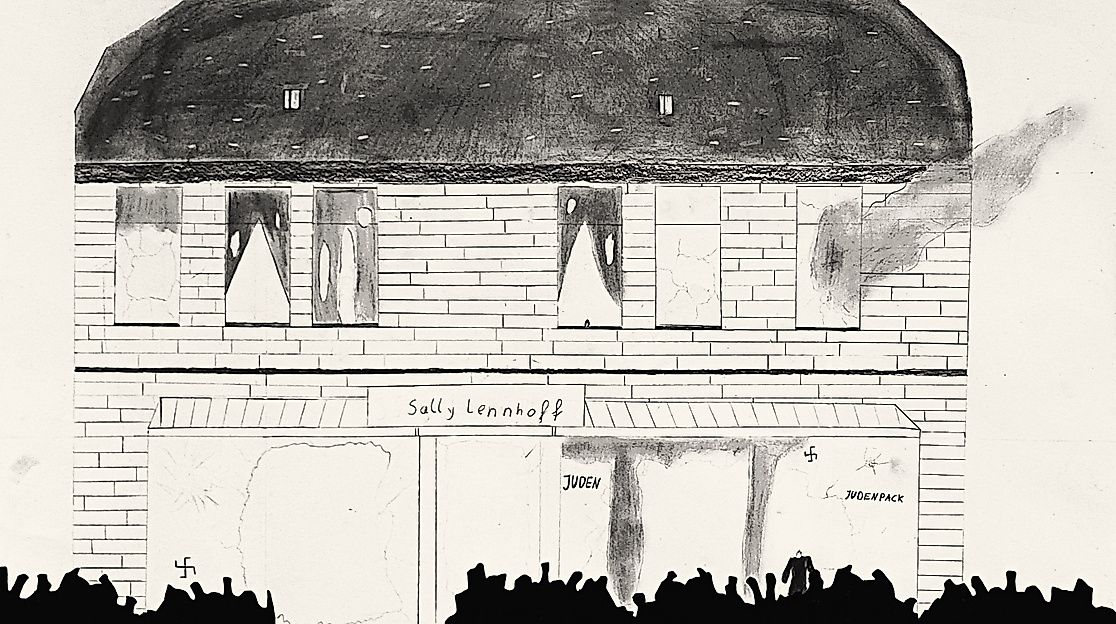 Menschenmenge vor dem gestürmten Gebäude Marktstraße 8, Arbeit der Schülerin Josephine