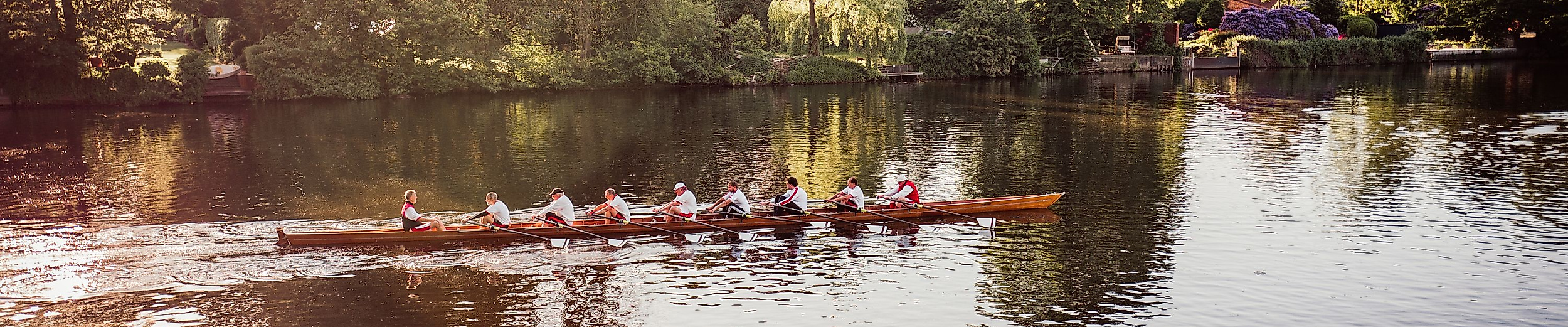 Ruderteam auf der Außenalster im Sonnenlicht, umgeben von grünem Ufer und Bäumen