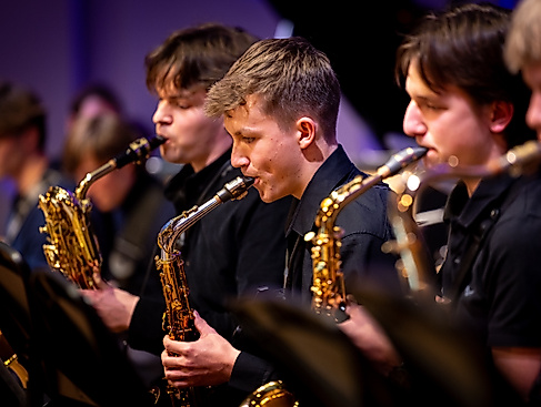 Ausschnitt eines Orchesters. Mehrere Personen stehen mit unterschiedlichen Blechblasinstrumenten nebeneinander und machen Musik.