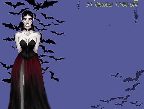 eine Vampirin steht vor einem Schwarm Fledermäuse