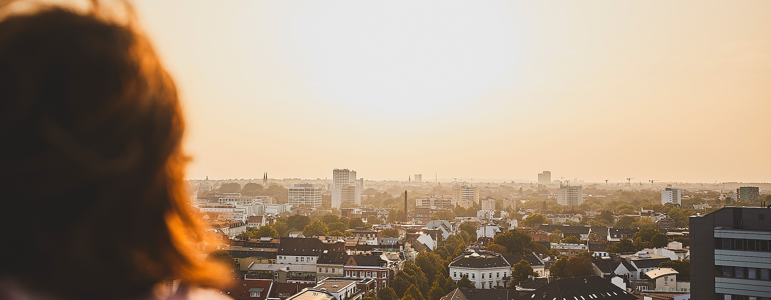 Person blickt bei Sonnenuntergang über das Stadtpanorama von Hamburg.