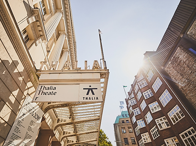 Blick nach oben auf das Thalia Theater Hamburg mit Vordach und Sonne zwischen historischen Fassaden