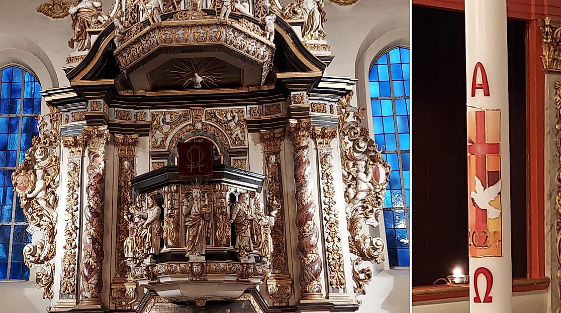 Altar der Schloßkirche und Taufkerze