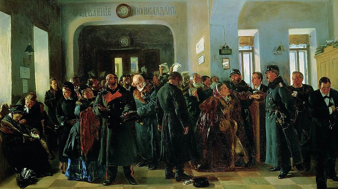 Bankrott einer Bank, Gemälde von Vladimir Makovsky, 1880/81