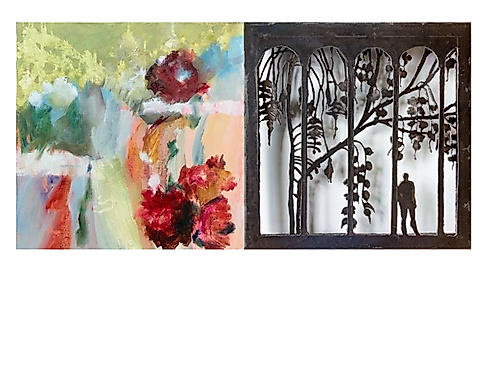 Irene Heller-Janton: Garten V (Öl auf Leinwand)- Isabel Lange: Voller Wunde (Eisen)