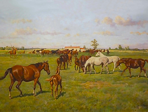 Gemischtfarbige Mutterstutenherde auf dem Vorwerk Bajohrgallen des Hauptgestüts Trakehnen, nach einem Gemälde von Georg Koch, um 1960