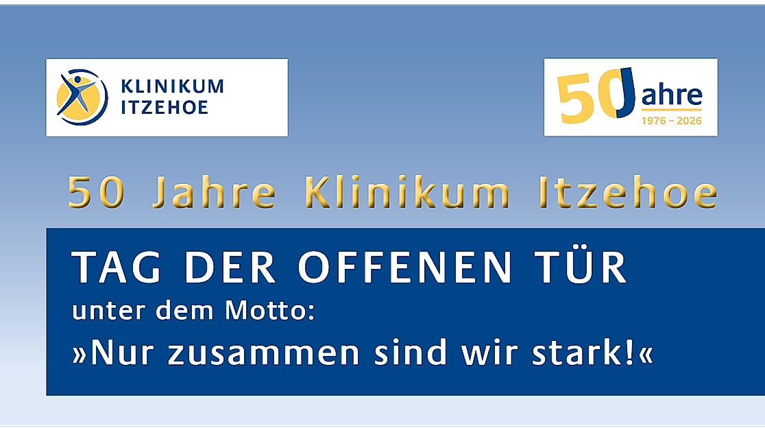 Banner Tag der offenen Tür (Klinikum Itzehoe-Logo, 50 Jahre (1976-2026) Klinikum Itzehoe, Tag der offenen Tür unter dem Motto: "Nur zusammen sind wir stark!"