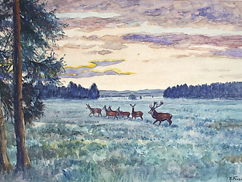 Reinhold Feussner, Hirschrudel in Rominter Heide am frühen Morgen, um 1950