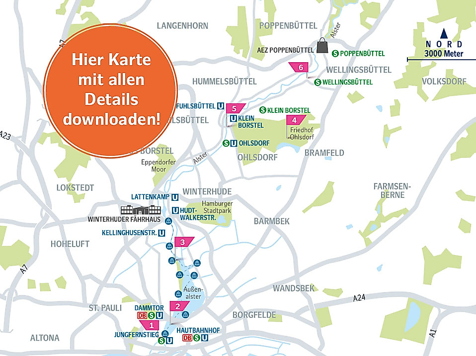 Karte der Alstertal-Route von der Hamburger Innenstadt bis in die Natur mit Wanderwegen, Parks und Ausflugszielen