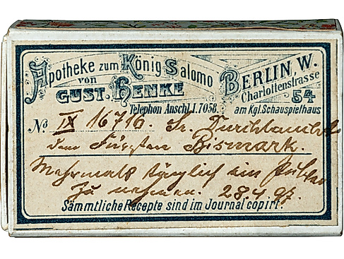 Pillenschachtel der Apotheke zum König Salomon, Berlin, für Otto von Bismarck