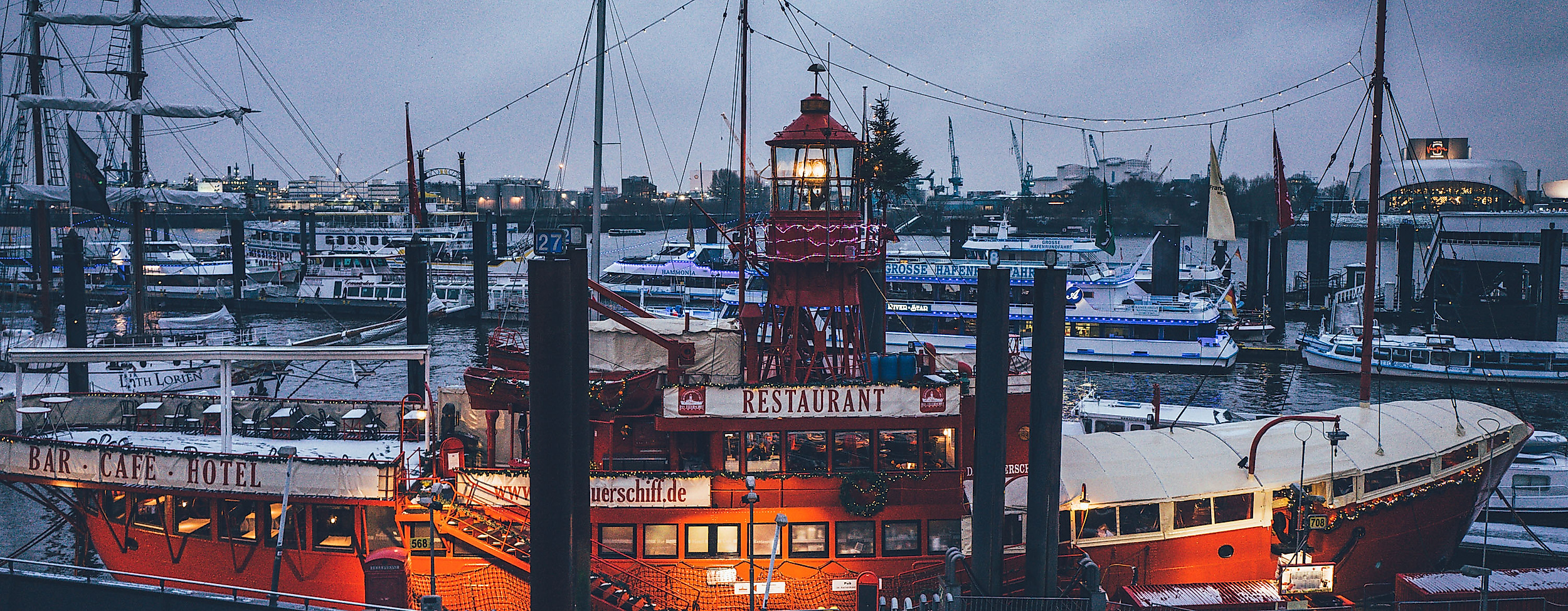 Festively lit lightship in Hamburg during the Christmas season