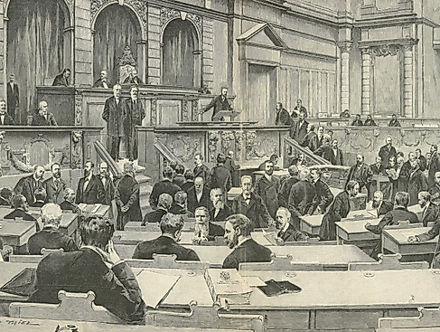 Eine Sitzung des Deutschen Reichstages. Druck nach einem Holzstich von Ewald Thiel, 1897