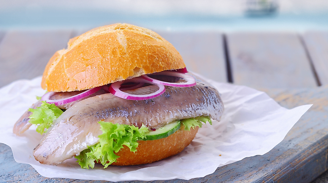 Frisches Fischbrötchen mit Matjes, Zwiebeln und Salat vor maritimer Kulisse