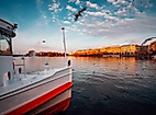 Boot auf der Alster bei Sonnenuntergang mit Möwen und herbstlich beleuchtetem Ufer in Hamburg