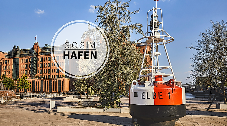 Rote Boje auf Platz mit Bäumen, im Hintergrund Speicherstadt